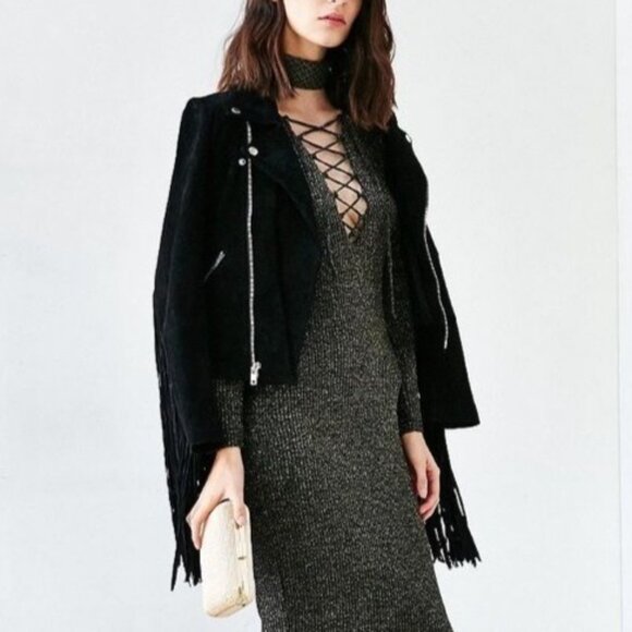 Bardot Romeo Lace Up Dress in Black Gold Metallic Midi Long Sleeve Size Small - Picture 3 of 9